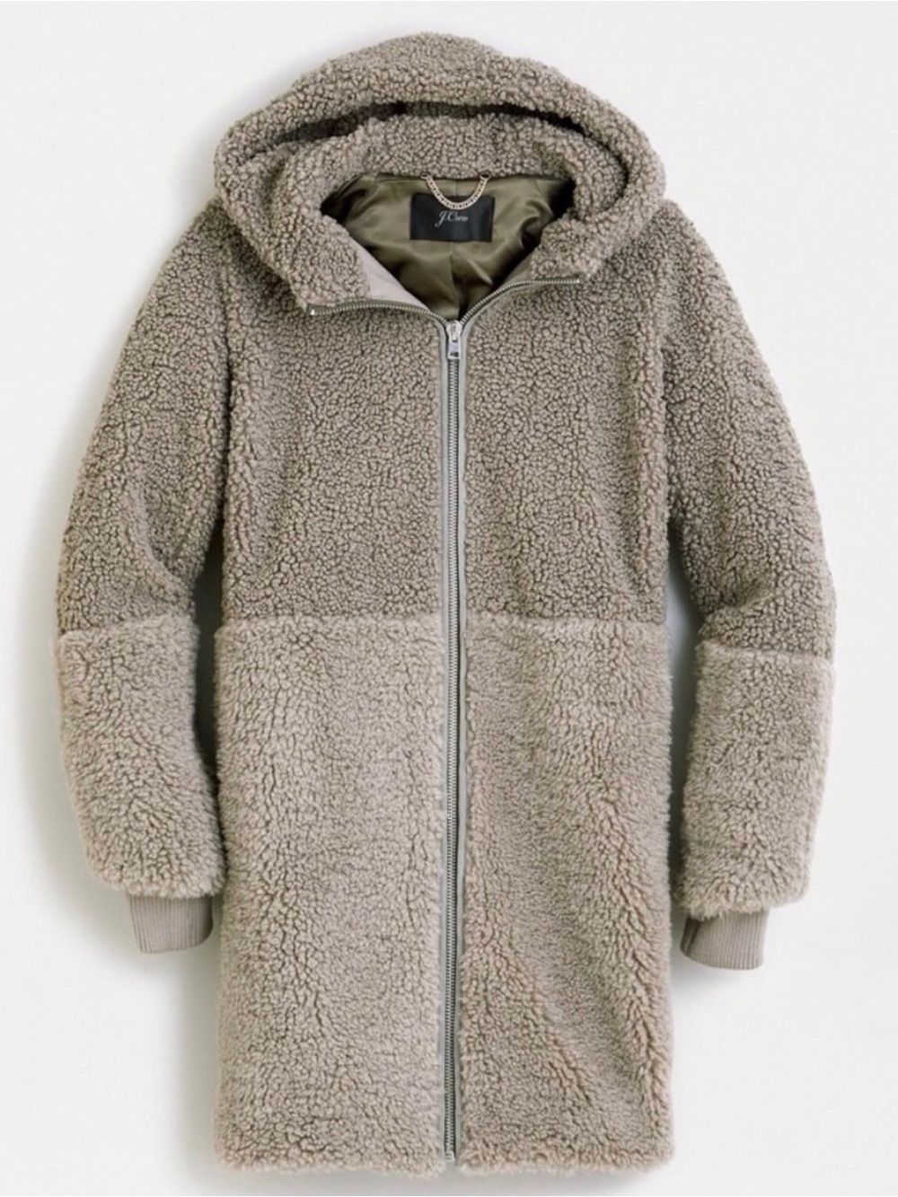 J. Crew Women Taupe Teddy Sherpa Hooded Puffer Coat Colorblock Like New